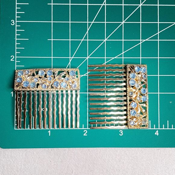 Hair Accessory Set Blue Flower Barette Blue Stone Combs And Yellow Stone Pins - Picture 10 of 15